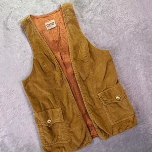 Junior House Women Vest M Tan Corduroy Vintage 70s Open Front Flap Pockets